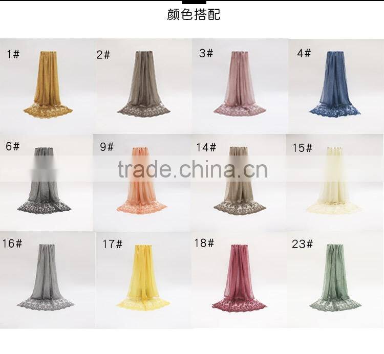 New fashion custom classic plain dyed linon viscose thin lace flower trim ribbon hijab scarf