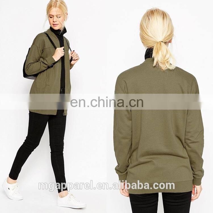 China custom bomber jacket long line cut cotton jersey women long bomber jacket