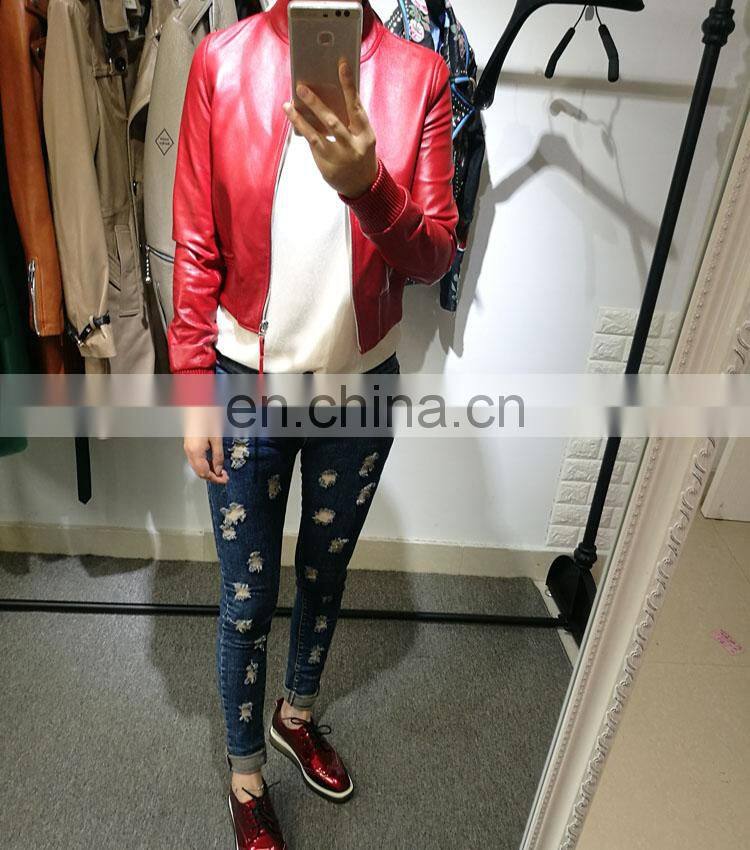 2017 Slim Red Leather Jacket Design Motorcycle Leather Ladies Short Jacket