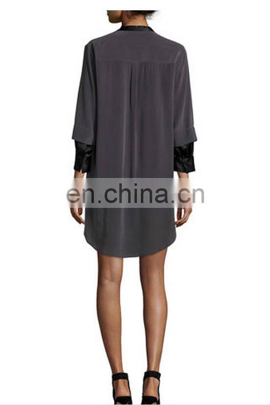 3/4-Sleeve Two-Tone Shirtdress, Charcoal