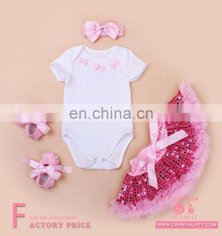 Fashion 2017 cotton wholesale lovely baby girls plain dresses +t-shirt+headband +shoes