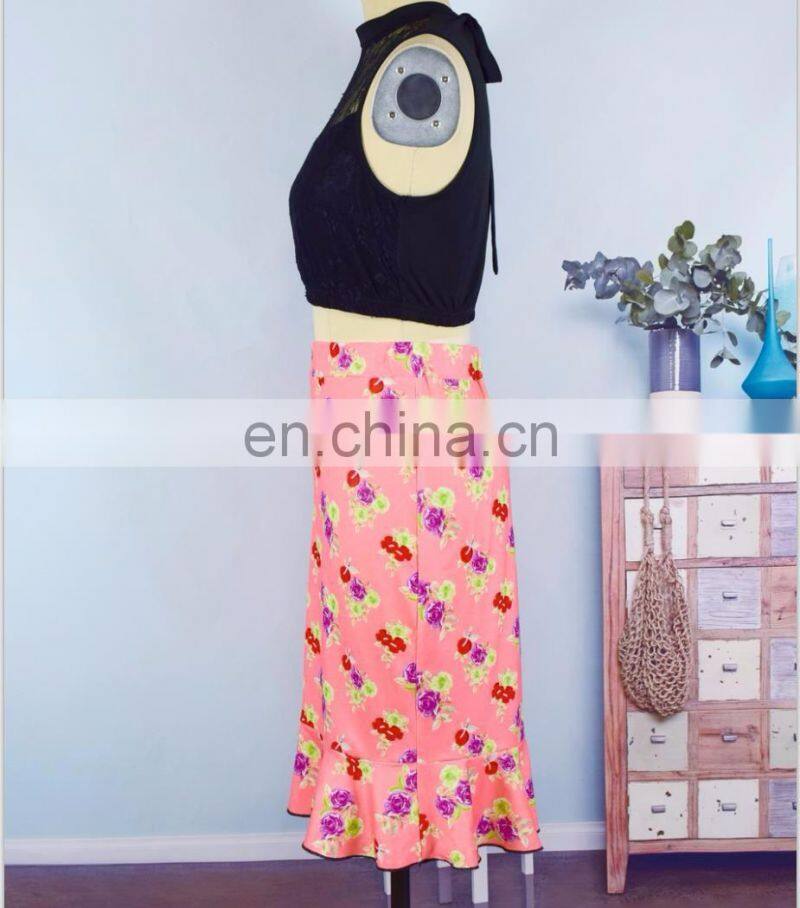 Mother daughter matching dresses 2pcs pink floral skirt black lace top women clothing summer set