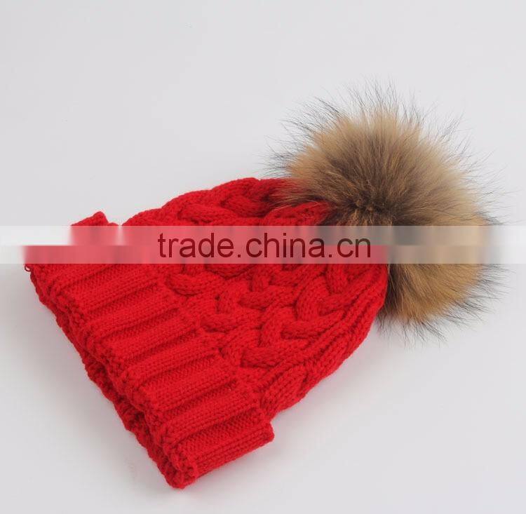 Custom Wool Knitted Racoon Fur Pom Pom Beanie Hat