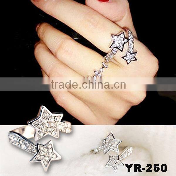 2016 Fashion Jewelry Korean Leaf Design Rhinestone Cross- Opening Ring