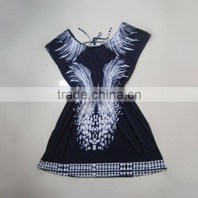 2015 Popular Stamen Printed Blue Lady Silk Dress