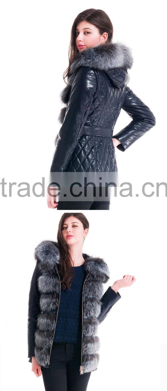 2015 Winter Leather Short Slim Fit Embroidered Women Coat With Belt Silver Fox Fur Hat