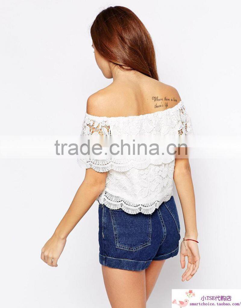 New Sexy Off the Shoulder Lace plain crop tops wholesale For Women Short Hollow Out Crochet Top