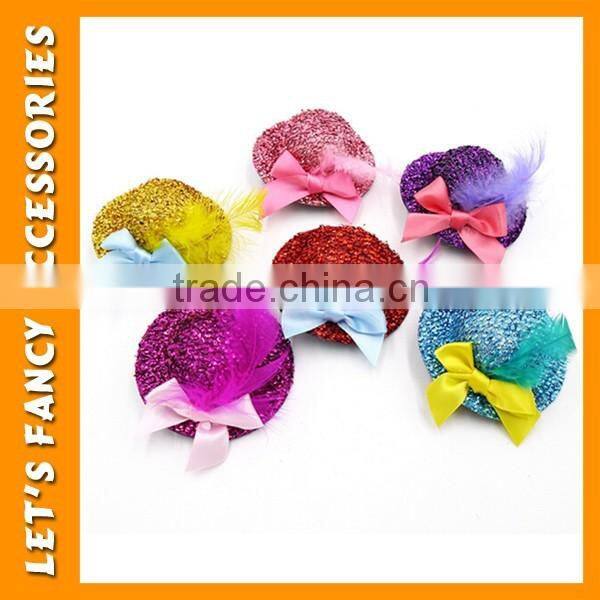 PGHD0690 Wholesale mixed color mini glitter hats feather hair clips for kids
