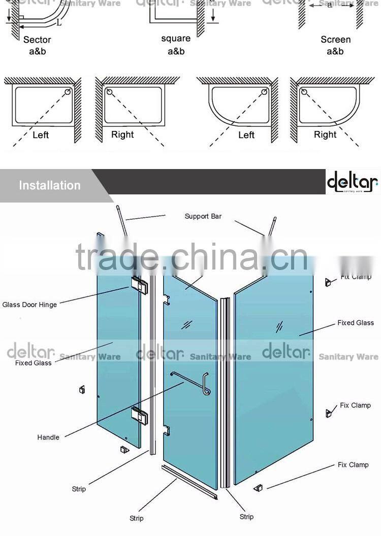 stainless steel roller CHEAP PRICE fan-shaped shower room with acrylic tray tempered glass shower enclosure