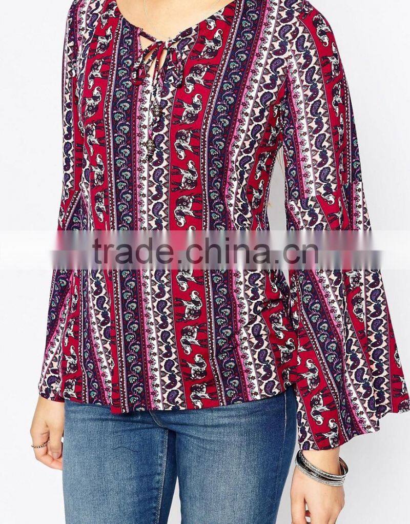 Vintage Print long sleeve Tops in guangzhou factory