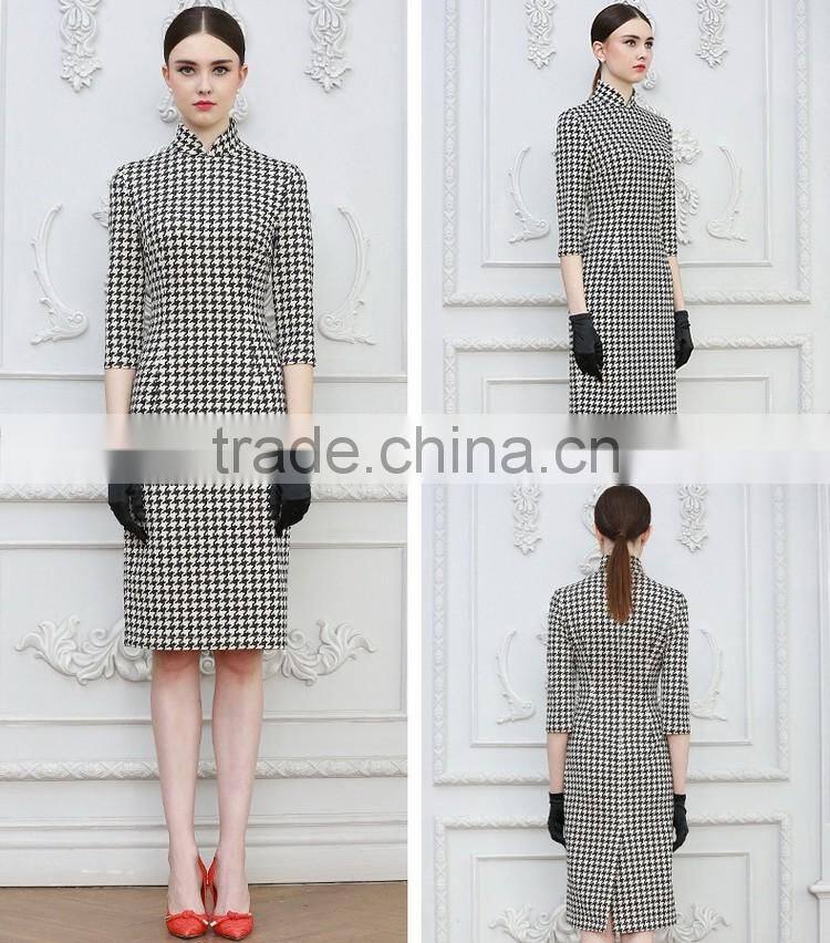 Fashion Design Ladies Houndstooth Dress Slim Fit Stand Collar Bodycon Dress