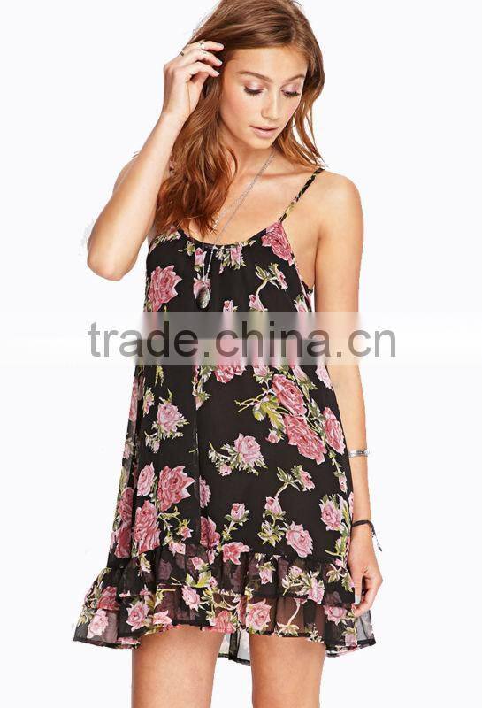 Latest design women floral printing casual summer hot selling strap dress
