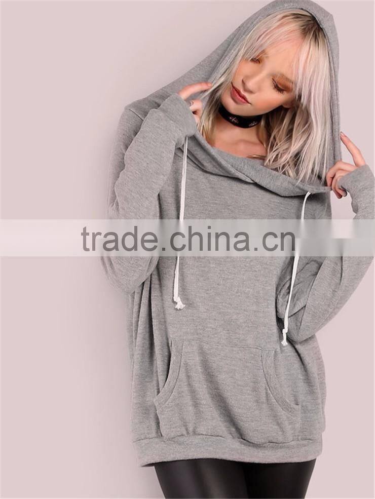 MGOO Women Oversized Sweatshirt Pullover Front Pocket Lightweight Soft Knit Draw String Slouchy Hoodie Heather Grey