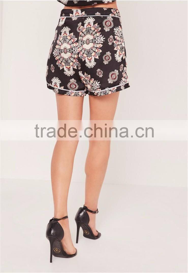 Custom Full Print Women Satin Wide Leg Boxer Shorts Floral Print Tailored Shorts Black