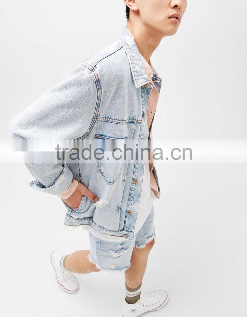 2017 custom mens jean jacket wholesale,Ripped vintage denim jacket for men