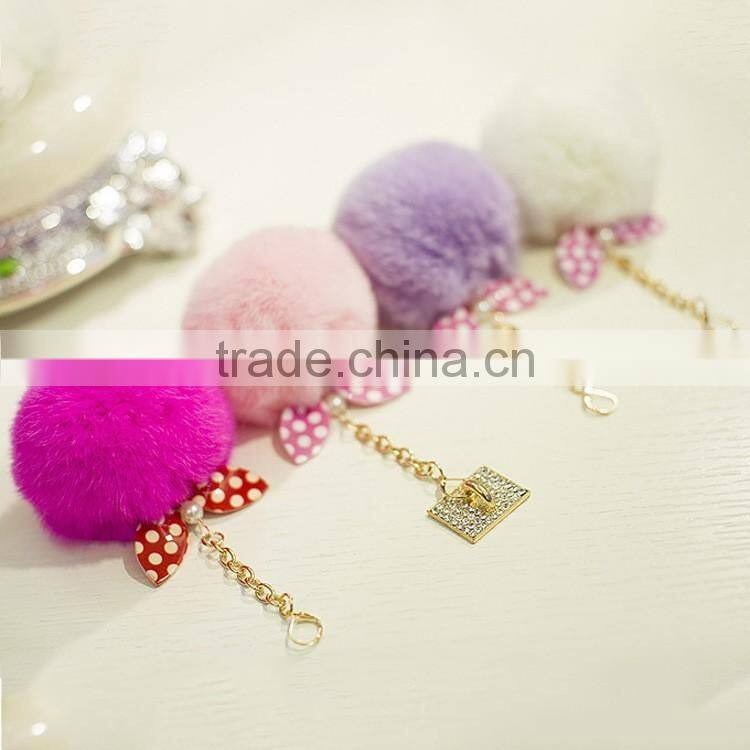 Hot selling New Rabbit Pom Pom Fur Ball Bow Cell Phone Keychain Pendant Charm Key Chain Mirror Case For iPhone