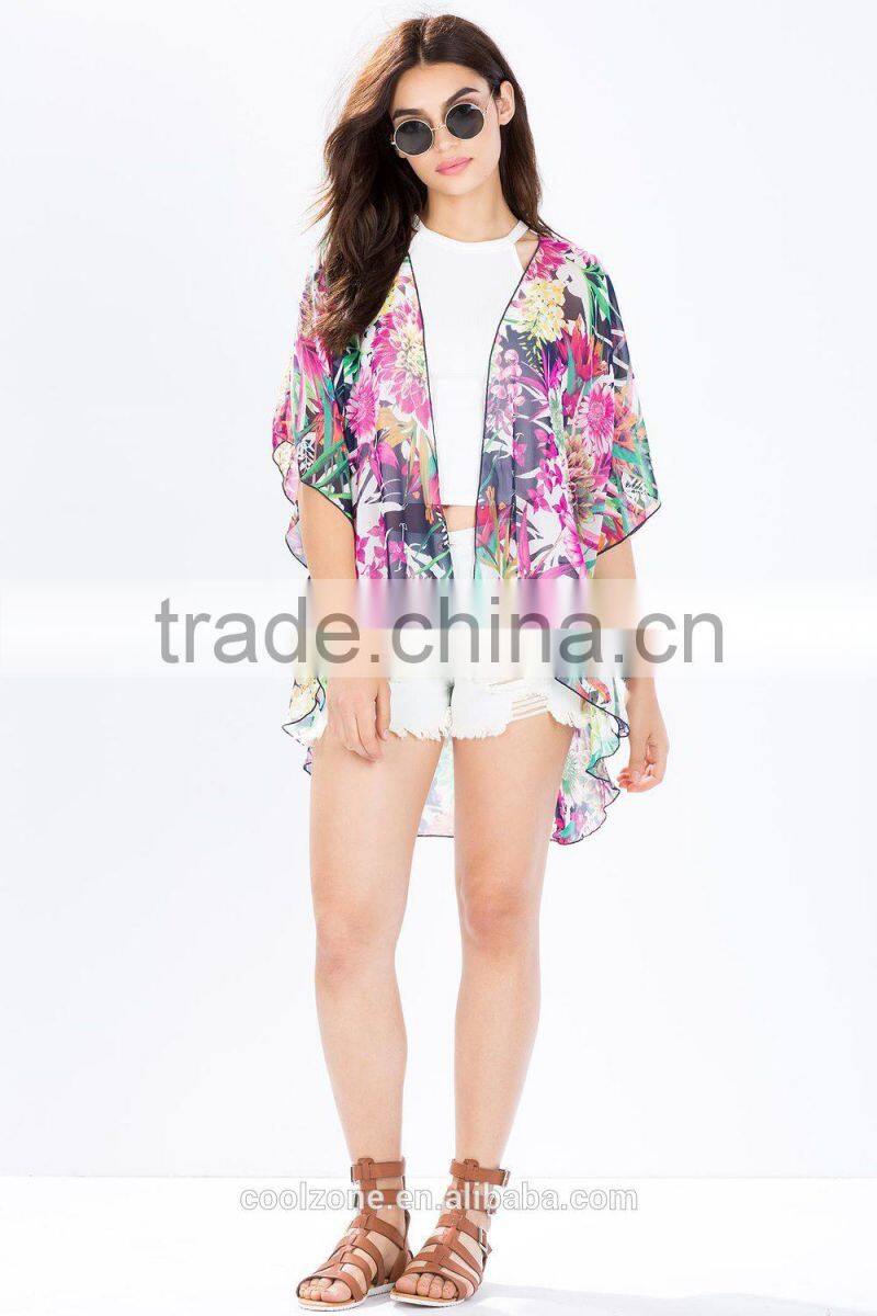 Open front lush botanical prints kimono women with extended back hem