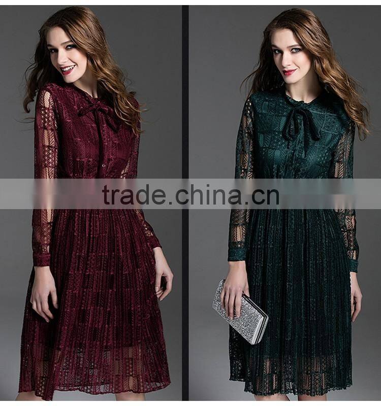 Ladies maroon dark green hollowed lace 100% polyester dress
