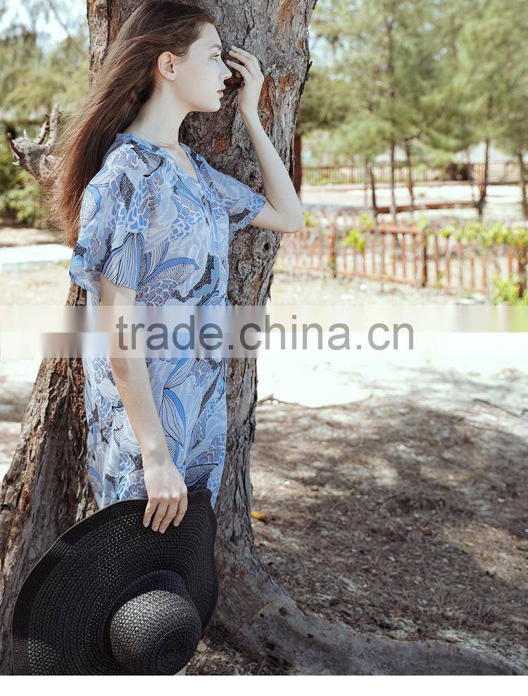 Summer new design casual dresses beach wind style printing high-waist elegant thin ladies long Chiffon Dress