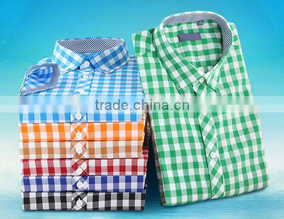 Plaid young style deep blue short sleeve summer collar button men casual shirt