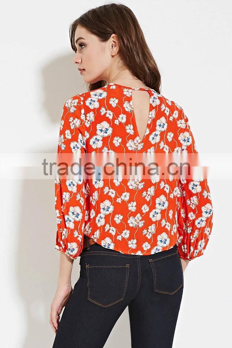 2016 high quality printed cotton fashionable summer long sleeve butterfly blouse