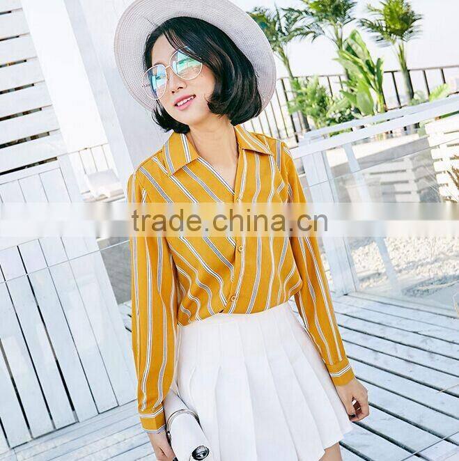 New Korean Version Women Clothing striped Deep v neck Chiffon T Shirt