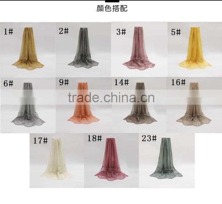 New fashion concise style plain dyed linon viscose thin flower lace trim ribbon hijab scarf