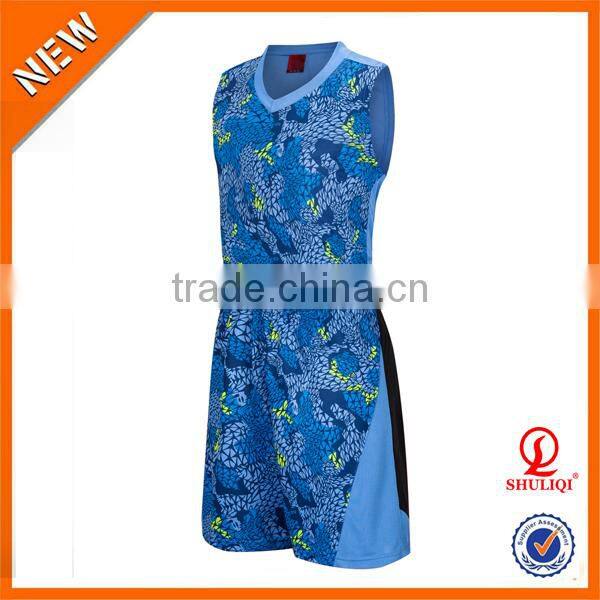 Wholesale sublimated custom camo basketball uniforms, basketball jersey uniform design color blue H-836