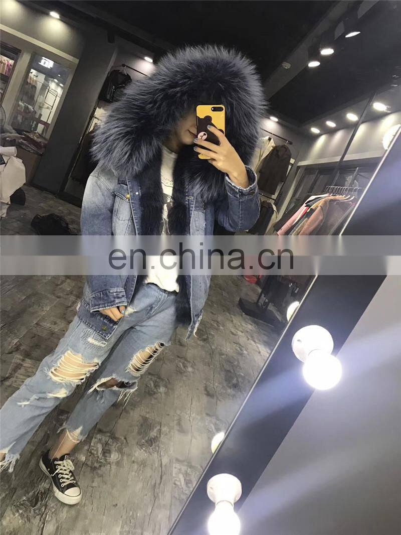 2017 Fashionable Women Winter Real Fox Fur Lined Denim Parka Real Fur Jacket Raccoon
