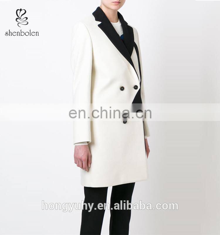 China Clothing Supplier Custom Female Wool Coat Notched Collar with Contrast Star Women's Coat