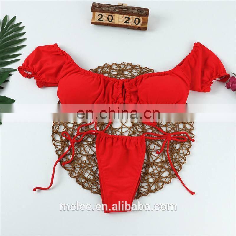 Solid Red Ruffle Swimsuit Female Bandeau Bikinis 2020 Short Sleeve Swimwear Women Tie Side Bathing Suit High Cut Biquini Bikini