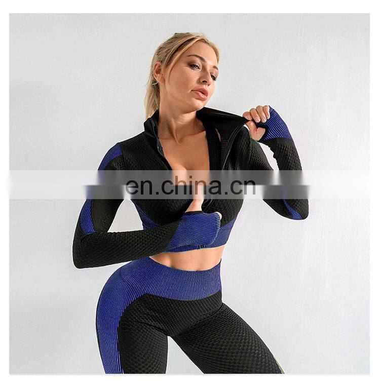 Wholesale women 3 pieces crop top leggings and sports bra workout clothes 3 pieces seamless yoga belt zipper suit