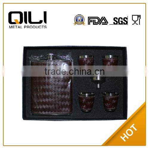 Hot sale leather wrapped stainless steel liquor popular best flasks set, wine leather flask