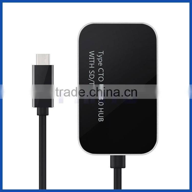 Multifunction 5-in-1 USB type C female to 2 ports USB 3.0 hub with TF/SD card reader + RJ45 10/100/1000Mbps Gigabit lan adapter