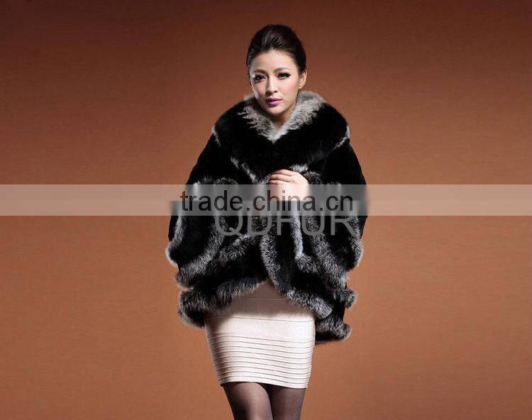 QD28040 Hot Selling Girl Women Lovely Fashion Rex Rabbit Fur Shawl with Silver Fox Fur Trim