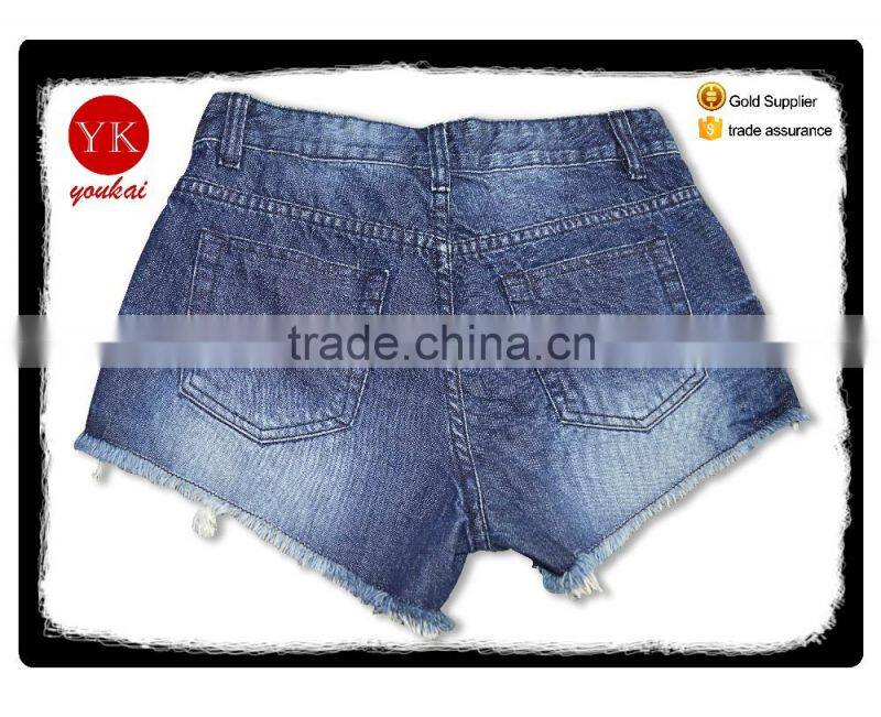Ladies Low Waist Hole Jeans Denim Shorts Hot Pants for girl with tassel bottom leather front