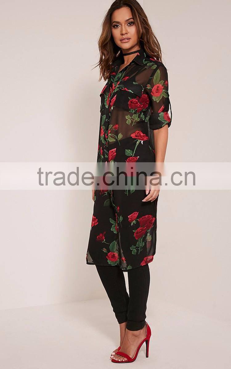 SHANGYI Fashion Black Rose Print Chiffon Longline women Blouse