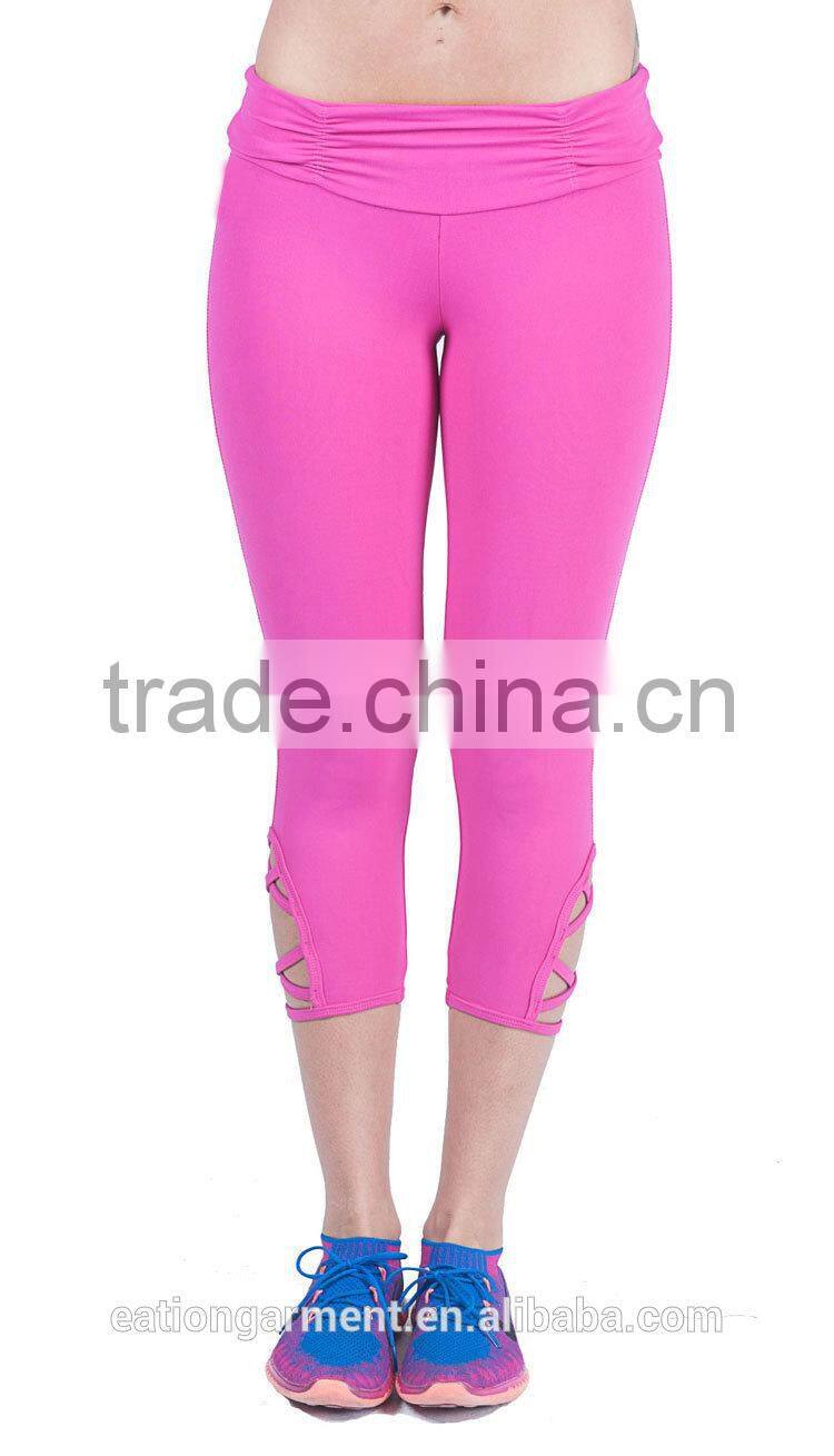 Slimming style scrunchy waist crossing straps on the bottom of each leg 4 way stretching bodybuilding fitness yogo leggings