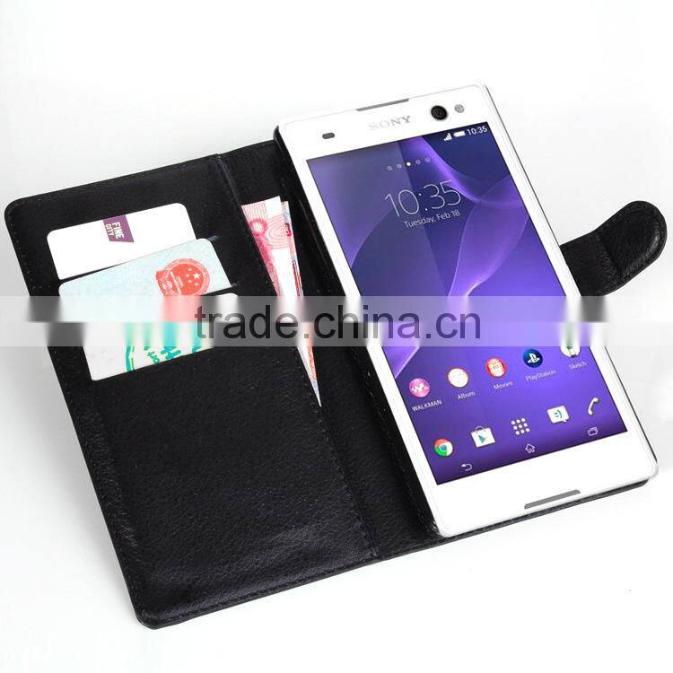 Litchi Pattern Soft Wallet Stand Leather Case For Sony Xperia C3