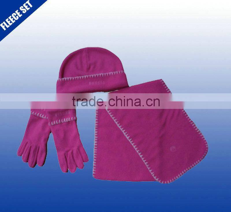 Red color plain winter fleece scarf hat gloves polyester kint sets