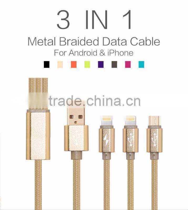 Highend 3 in 1 Mobile Phone cable 100cm micro usb Aluminum Alloy for Android& Iphone 5 cables Nylon Weave charging USB Line