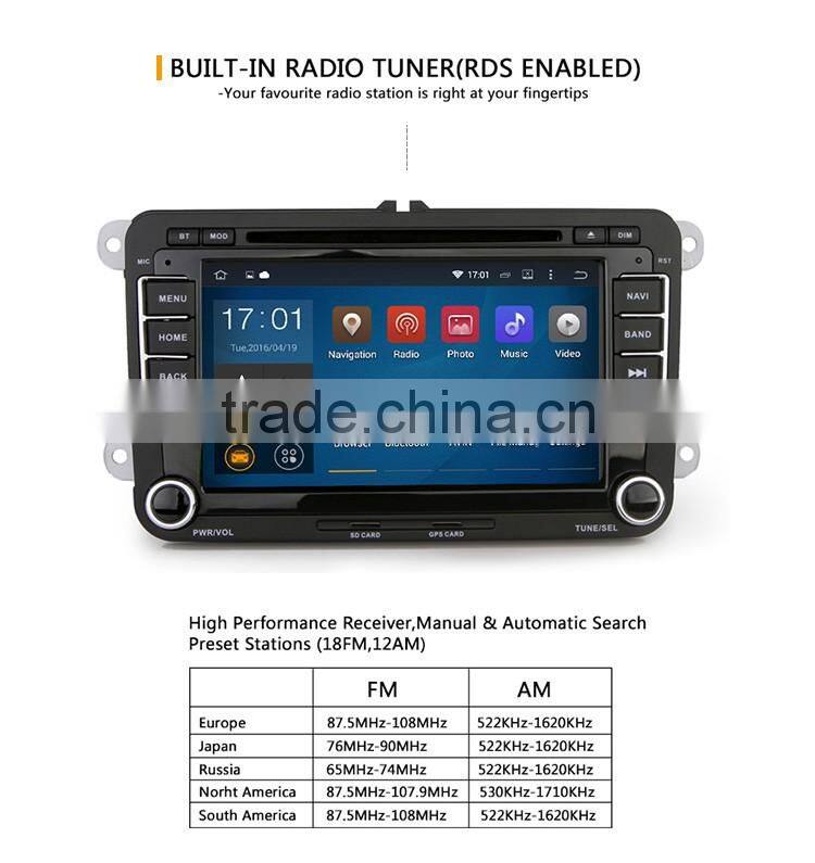 7 Inch 2 din Bluetooth version 2.0 car dvd player with GPS for VW skoda