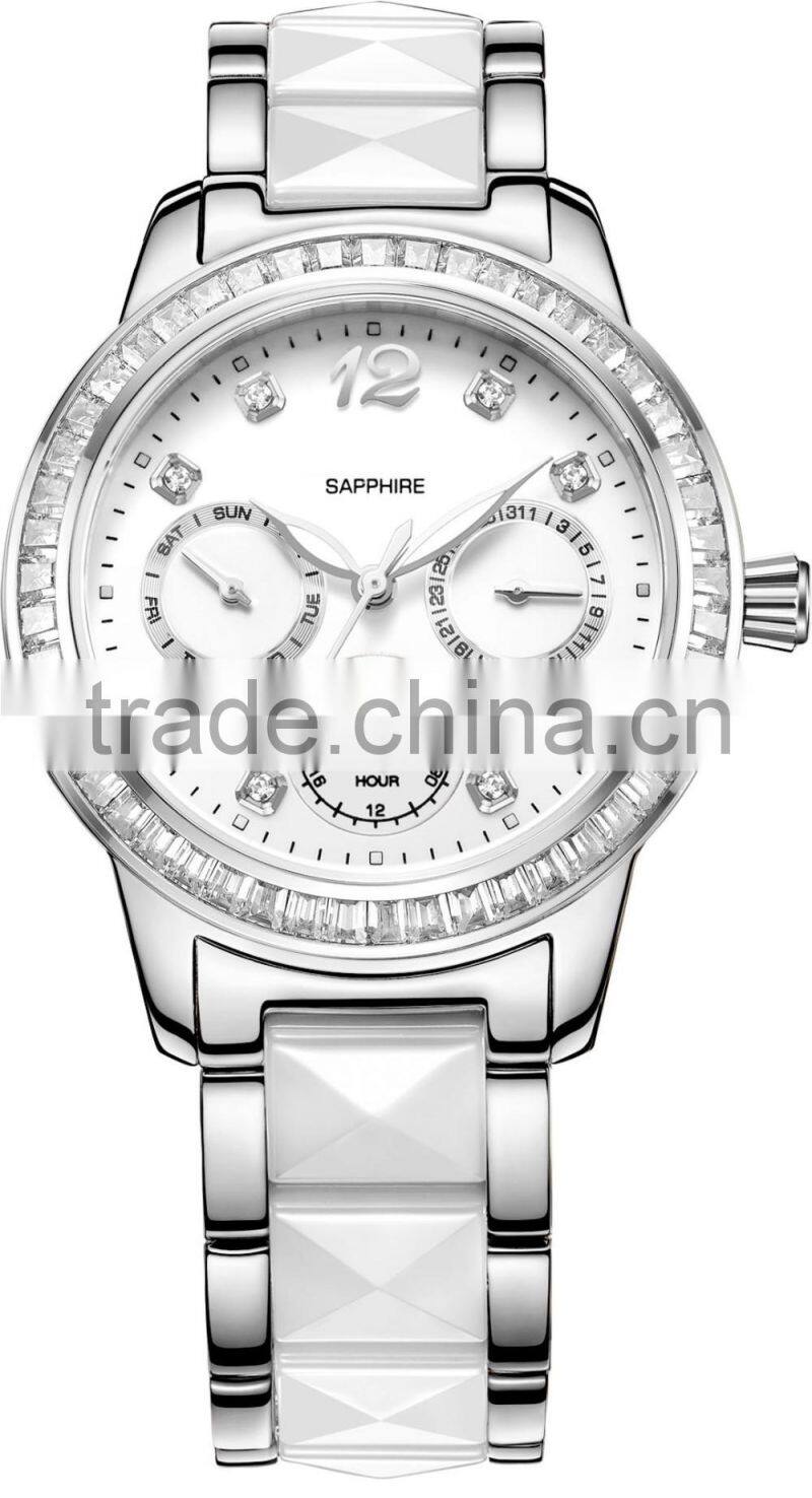 ceramic watch stainless steel case back water resistant diamond quartz japan movt ladies watch