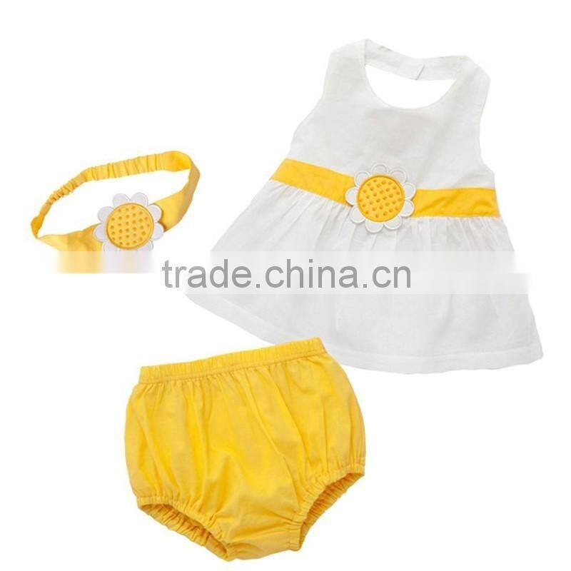 Wholesale Brand Summer Toddler Infant Girls Birthday Party Outfits Headband+Top+ Bloomers Kids Newborn Clothes