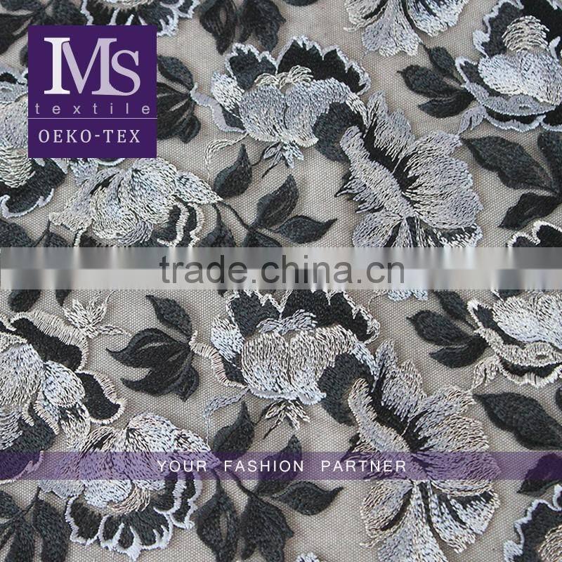 Top fashionable colorful leaves embroidered lace fabric dresses fabrics