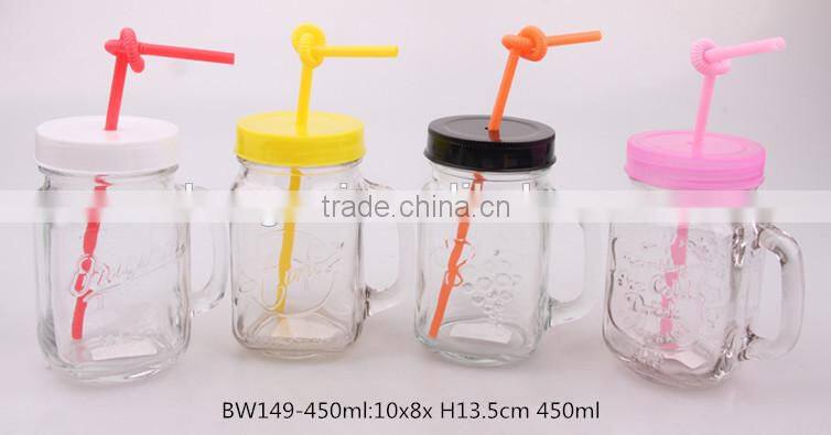 2014 new design mason jar glass jam jar with handle
