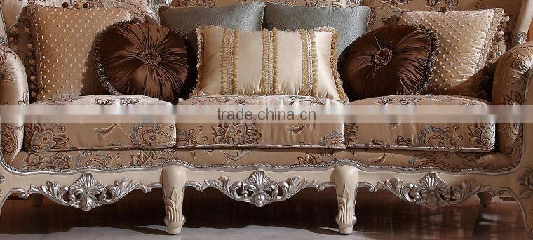 Wooden living room furniture ivory frame antique silver carving fabric sofa set