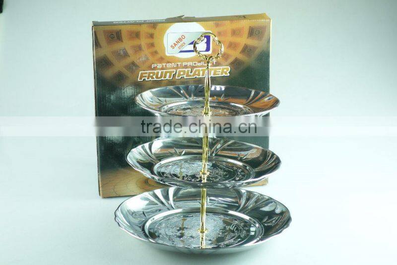 stainless steel three layer metal fruits plate flower decoration and clourful