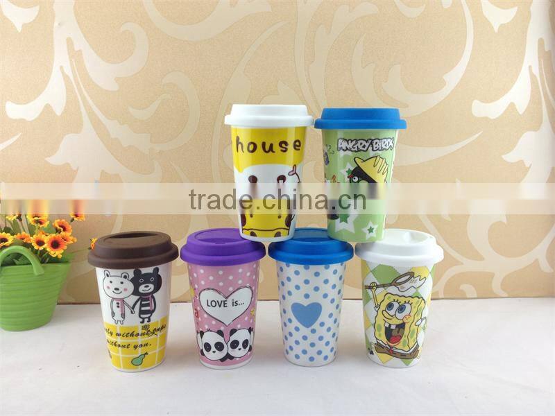 ceramic mug cup with silicone lid with funny cartoon painted