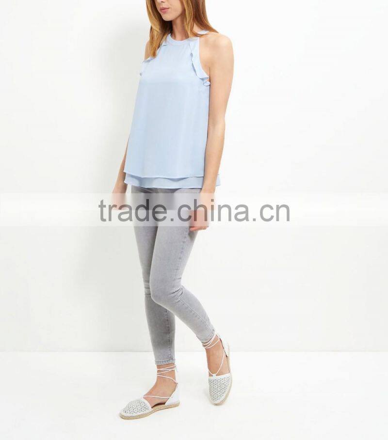 2016 Latest Pale Blue Frill Trim High Neck Halter Cami HST8041